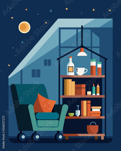With a cozy reading nook and a small bar cart stocked with liquor and snacks the freelancers loft was the ultimate place to relax and unwind after a long day of work.. Vector illustration