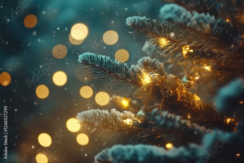 Wallpaper Mural Snow-dusted Christmas tree branch with warm lights, bokeh background. Perfect for holiday cards, winter websites, or festive promotions. Torontodigital.ca