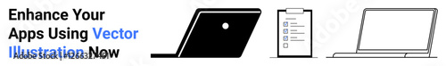 Open laptop, closed laptop, and digital checklist on tablet screen. Ideal for tech tools, app development, productivity, project management, digital optimization, workflow planning abstract line