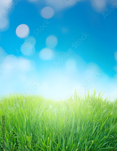 World environment day concept- green grass and blue sky abstract background with bokeh