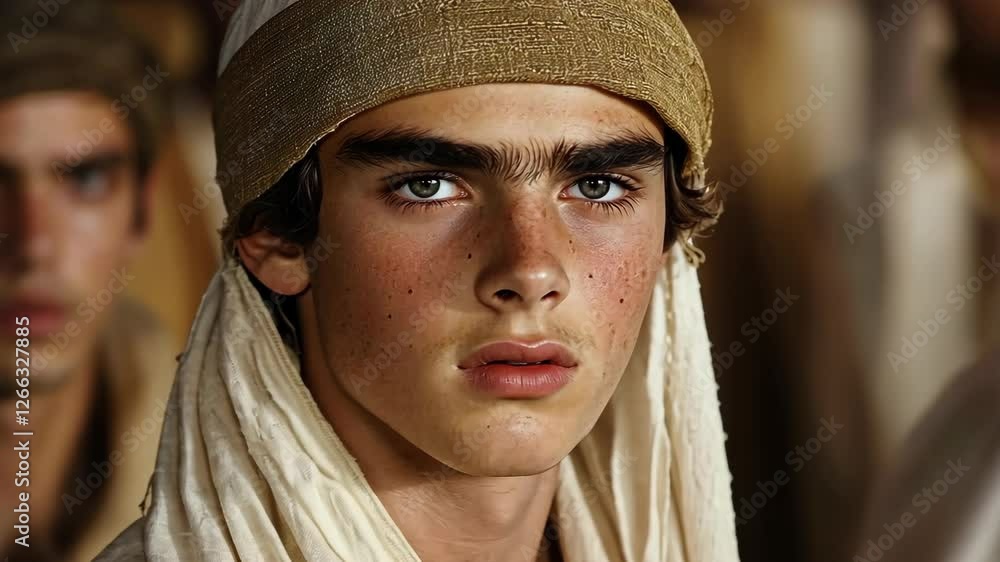 Portrait of a young boy with striking features, captured in a historical setting during daylight hours Portrait of a young boy with striking features, captured in a historical setting during daylight hours