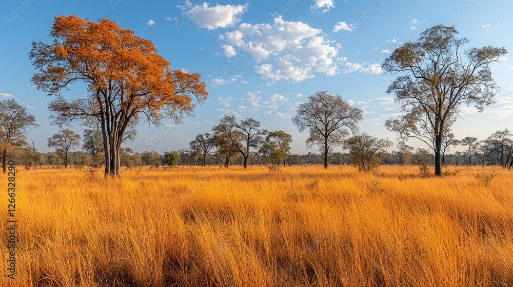 Expansive golden grassland landscape with scattered trees under a blue sky and fluffy clouds Expansive golden grassland landscape with scattered trees under a blue sky and fluffy clouds