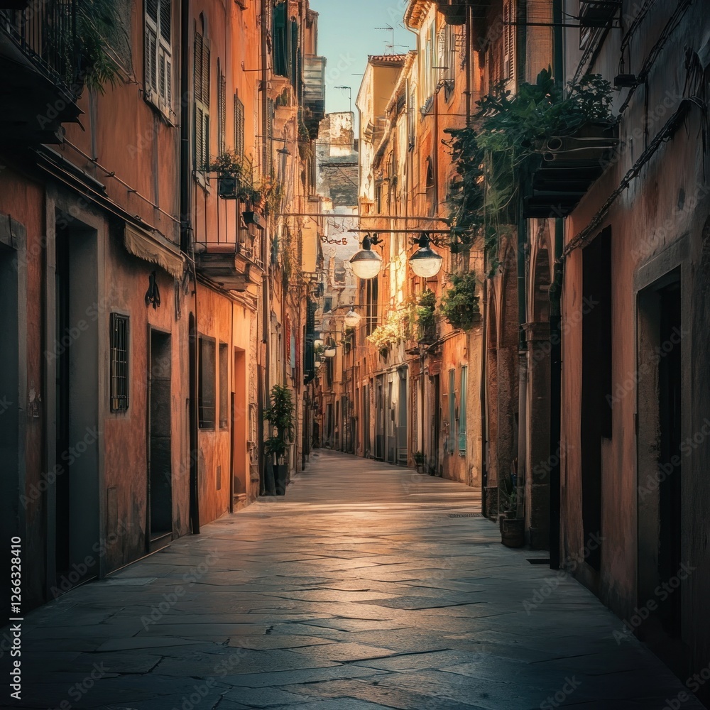 Fototapeta premium Sunlit Italian Alleyway: A Serene Stroll Through History