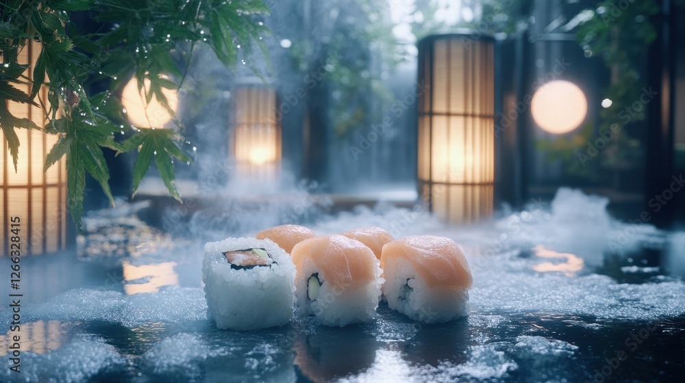 Fototapeta premium Salmon sushi sits on a wet, dark surface, surrounded by steam and rain-soaked leaves. Perfect for restaurant menus, showcasing fresh sushi in a serene, atmospheric setting.