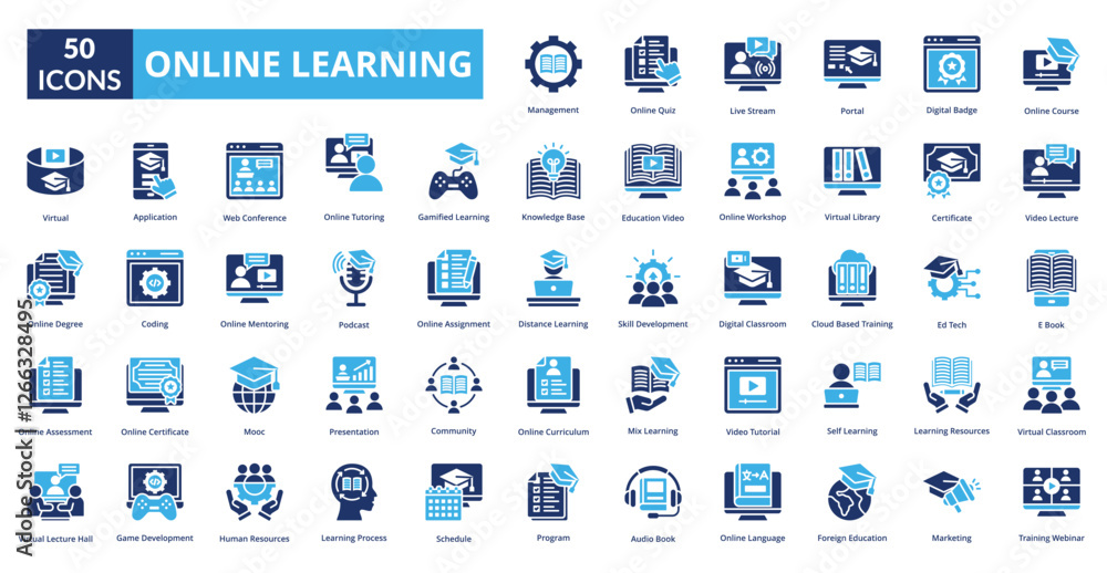 Online Learning fill icon collection set. Includes wisdom, illumination, knowledge, instruction, course, information, accomplishment, education Online Learning fill icon collection set. Includes wisdom, illumination, knowledge, instruction, course, information, accomplishment, education