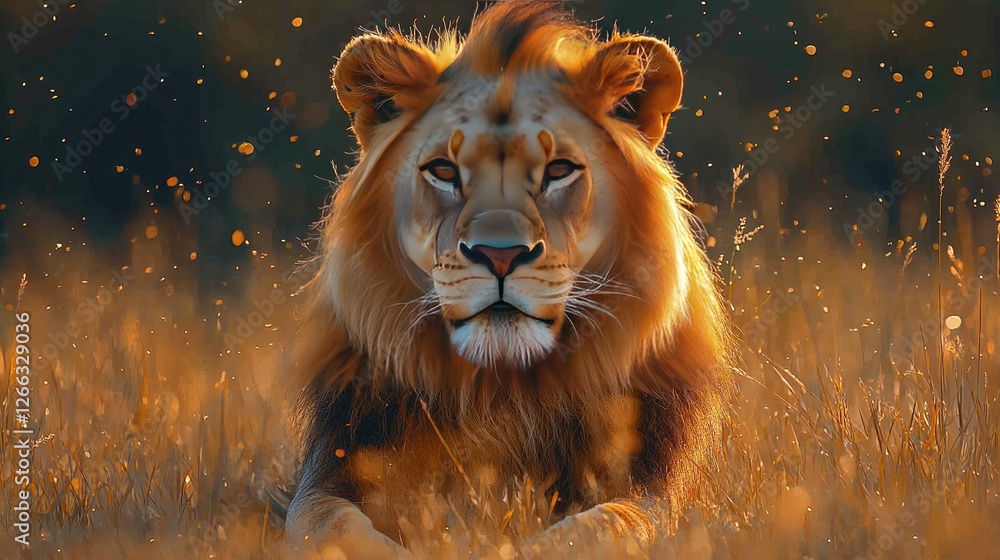 Fototapeta premium Majestic lion resting in golden grass during sunset, with soft light and bokeh effects in background