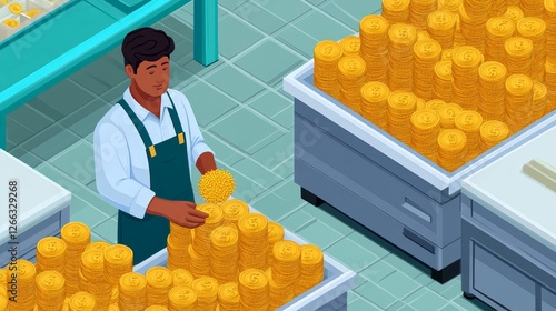 Man Organizing Piles of Golden Coins in Modern Financial Warehouse