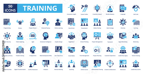 Training fill icon collection set. Includes teaching, practice, planning, improvement, preparation, treatment, instruction, development, exercise, briefing, education