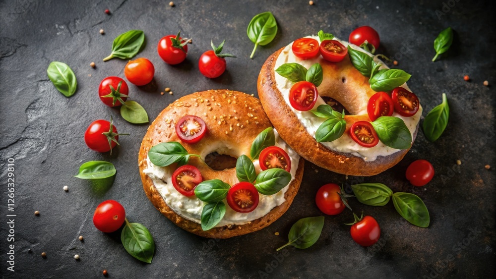 Two Sesame Bagels Topped with Cream Cheese, Cherry Tomatoes, and Fresh Basil Leaves on a Dark Background Two Sesame Bagels Topped with Cream Cheese, Cherry Tomatoes, and Fresh Basil Leaves on a Dark Background