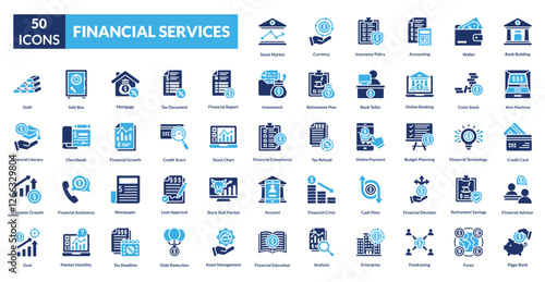 financial services fill icon set collection. bank building, atm machine, credit card, financial advisor, piggy bank, stock market, currency, insurance policy, accounting, wallet