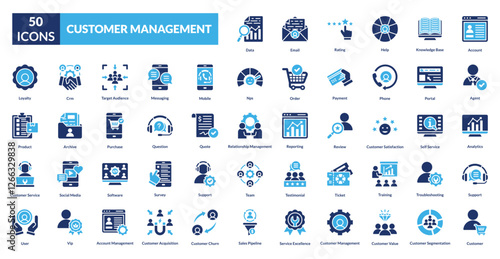 customer management fill icon set collection. account, agent, analytics, support, customer, data, email, rating, help, knowledge base