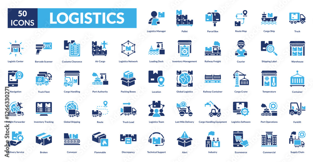 logistics fill icon set collection. truck, warehouse, container, forklift, supply chain, logistics manager, pallet, Parcel Box, route map, cargo ship logistics fill icon set collection. truck, warehouse, container, forklift, supply chain, logistics manager, pallet, Parcel Box, route map, cargo ship