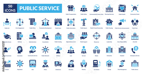 public service fill icon set collection. community center, public park, city hall, emergency service, public library, transportation, public safety, environmental, municipal services, healthcare
