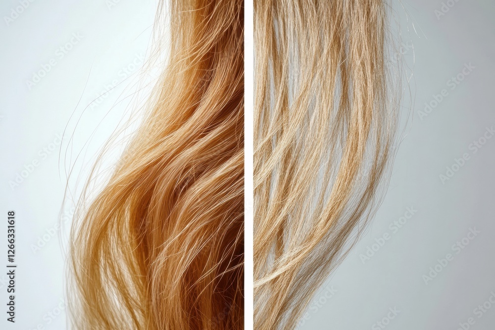 Naklejka premium Comparison of healthy smooth hair strand versus brittle damaged hair strand showcasing hair quality differences. Generative AI