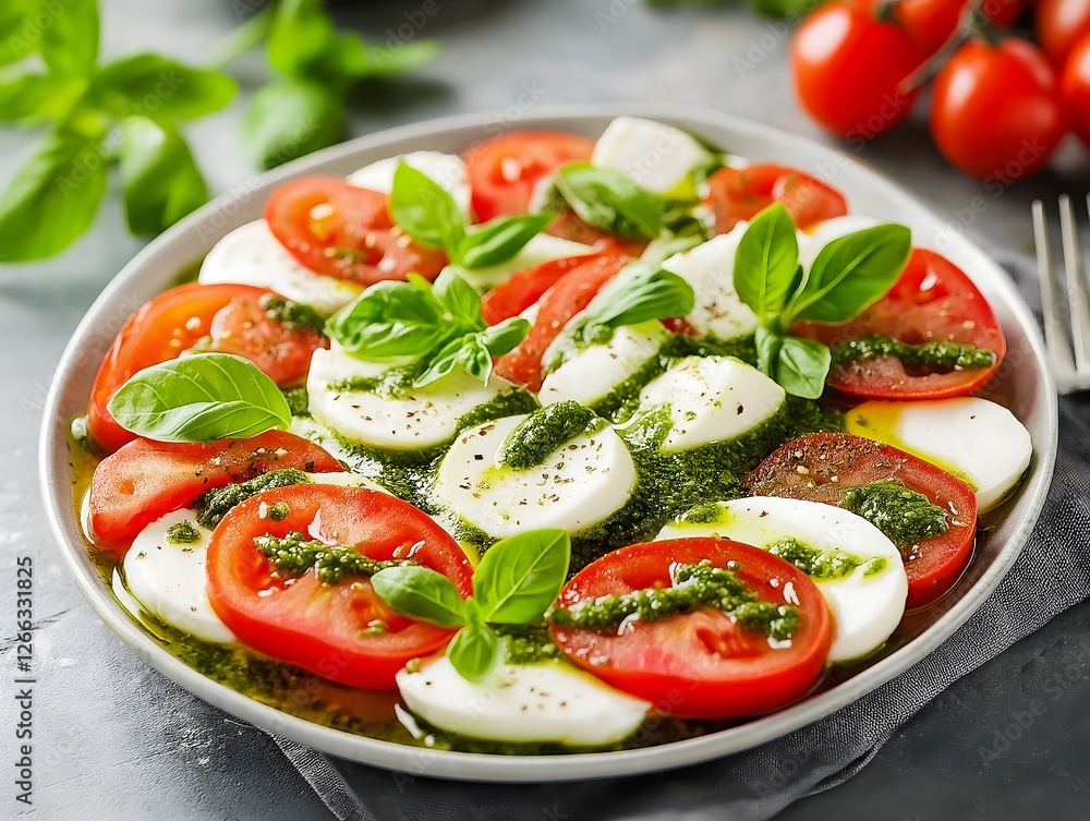 Fresh Caprese Salad with Tomatoes, Mozzarella, and Basil Pesto Fresh Caprese Salad with Tomatoes, Mozzarella, and Basil Pesto