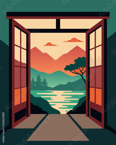Traditional shoji doors open up to reveal a picturesque view of the surrounding nature providing a peaceful backdrop for remote work.. Vector illustration