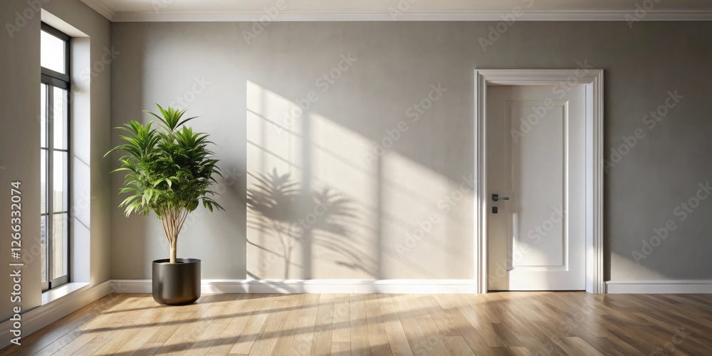Fototapeta premium Sunlit Room Interior Design Featuring Minimalist Decor and a Potted Plant