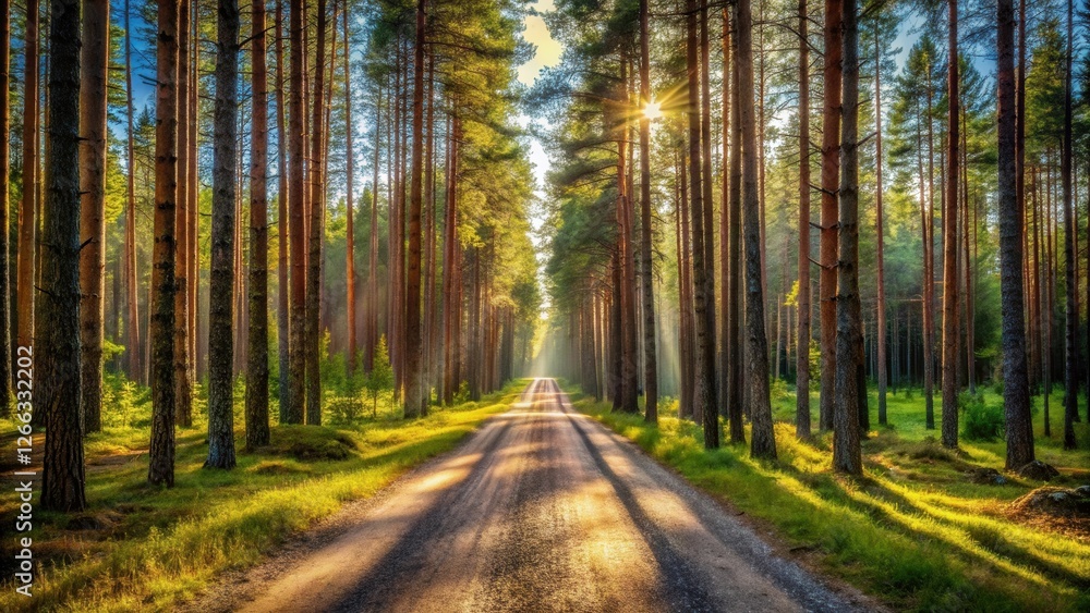 Fototapeta premium Sunlit Pathway Through a Majestic Pine Forest, Casting Long Shadows on a Serene Dirt Road