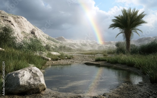 National Find Rainbow Day: vivid arc, colorful spectrum, radiant sky, vibrant hues, scenic view, serene beauty, prismatic wonder, natural phenomenon, luminous colors, enchanting light bright horizon.