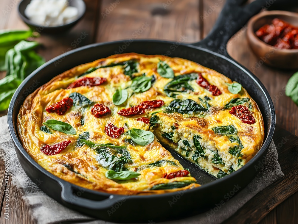Delicious spinach and sun-dried tomato frittata in a skillet Delicious spinach and sun-dried tomato frittata in a skillet