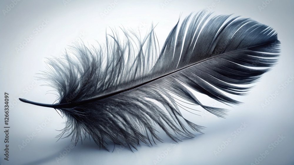 A Single Dark Feather, Delicate and Graceful, Isolated on a Soft Background, Showing Intricate Details of Its Structure, a Symbol of Lightness and Airiness