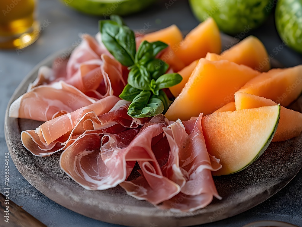 Prosciutto and Cantaloupe with Basil on Rustic Plate, Summer Appetizer