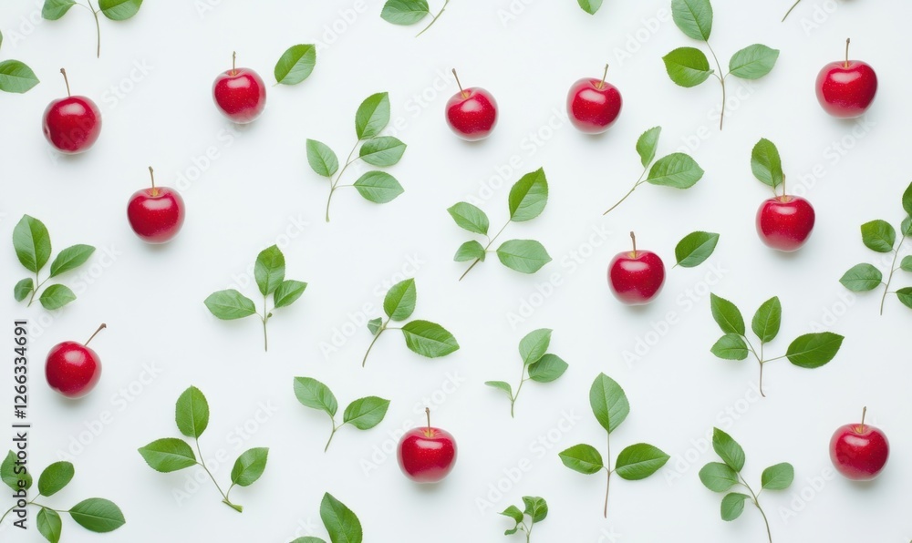 A vibrant arrangement of red apples and green leaves on a clean white background, ideal for fresh produce marketing A vibrant arrangement of red apples and green leaves on a clean white background, ideal for fresh produce marketing