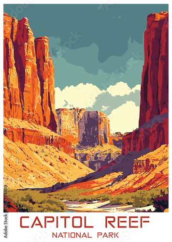 Capitol Reef National Park Vector Illustration in Retro Style.