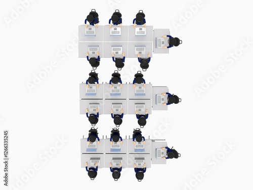 たくさんの机が並ぶオフィスで、ノートパソコンを操作して仕事するビジネスマンたち