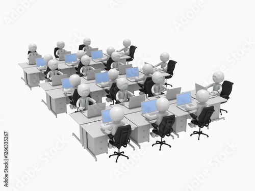 たくさんの机が並ぶオフィスで、ノートパソコンを操作して仕事するビジネスマンたち