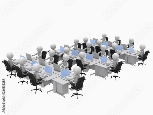 たくさんの机が並ぶオフィスで、ノートパソコンを操作して仕事するビジネスマンたち