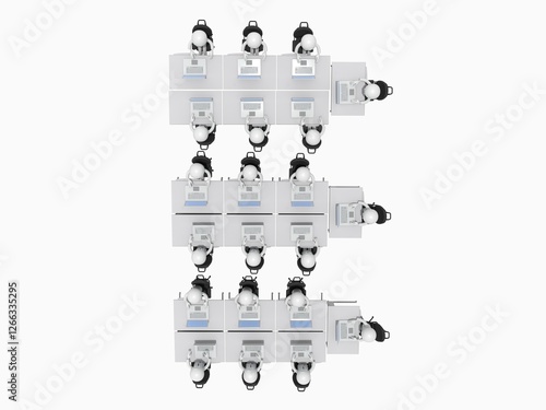 たくさんの机が並ぶオフィスで、ノートパソコンを操作して仕事するビジネスマンたち