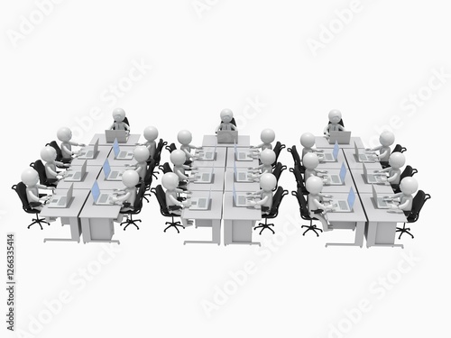 たくさんの机が並ぶオフィスで、ノートパソコンを操作して仕事するビジネスマンたち