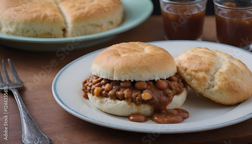 sloppy joe with baked beans and a biscuit photo