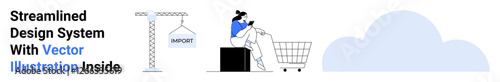 Woman seated with a laptop near a shopping cart, import crane, and clouds. Ideal for e-commerce, logistics, automation, cloud services, technology, online shopping flat landing page banner