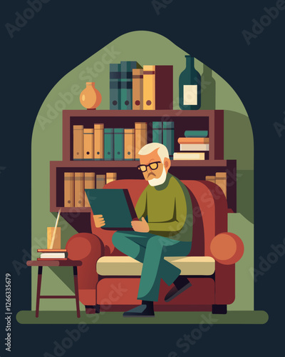 The worn leather couch in the corner of the loft served as a comfortable spot for an elderly man to work on his laptop surrounded by shelves of books on winemaking.. Vector illustration