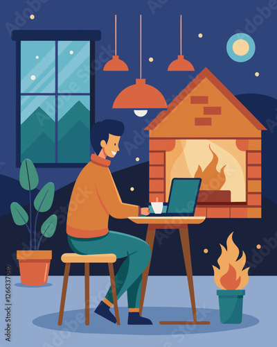 With a warm fireplace crackling in the corner a freelance virtual assistant enjoys the cozy ambiance of the village café while completing tasks.. Vector illustration