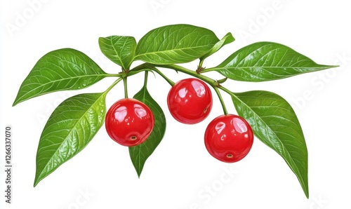 Wallpaper Mural A vibrant cluster of red cherries on a green branch with lush leaves against a white background Torontodigital.ca