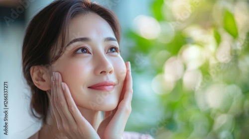 頬に手を当て微笑む女性の爽やかな背景素材