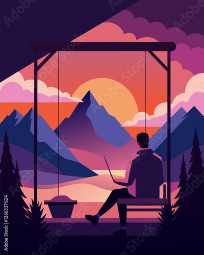 Working from the porch swing watching the sunrise paint the mountain peaks with hues of pink and purple.. Vector illustration