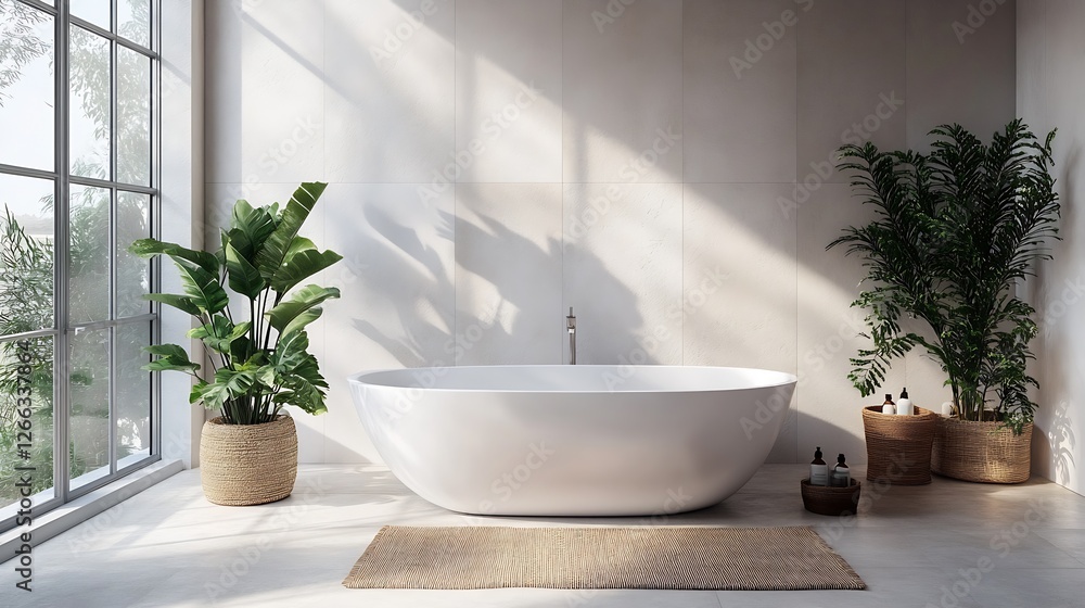 Fototapeta premium Contemporary bathroom with a beautiful freestanding tub and decorative plants for a serene atmosphere : Generative AI