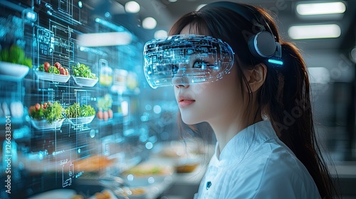 Young woman wearing virtual reality glasses in a futuristic kitchen with digital food displays