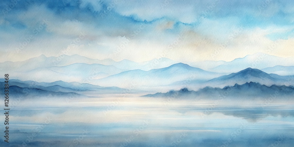 Obraz premium Serene Watercolor Landscape of Misty Mountains and Calm Water Reflecting a Peaceful Sky