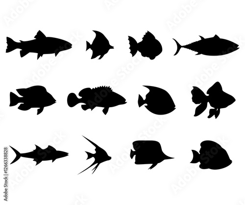 Set of Fish silhouette collection underwater exotic animals illustration
