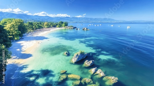 Wallpaper Mural Aerial view of a tropical island with clear turquoise water, white sandy beaches, and palm trees, capturing the beauty of a serene and remote location. Torontodigital.ca