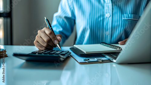 budget plan for online education concept as Learner at blank desk calculates course costs shaping long term skill investment without derailing financial stability in  Photo Stock  Concept  and empty s
