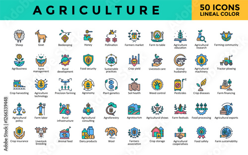 Agriculture icons set with sheep, goat, beekeeping, honey, pollination, farmers market, farm to table, agriculture education, agricultural research icon. Simple lineal color vector 
