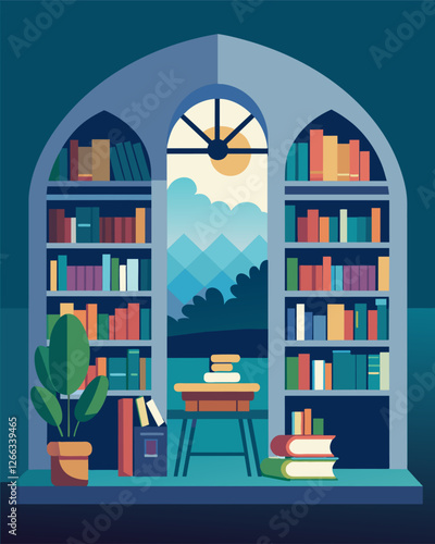 The villas wellstocked library offers a quiet and sophisticated nook for getting lost in a project or catching up on reading.. Vector illustration