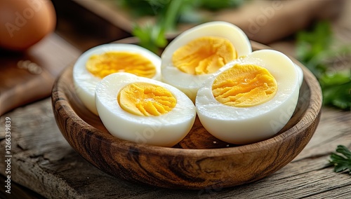 Sliced boiled eggs in wooden bowl on rustic table, fresh herbs in background photo