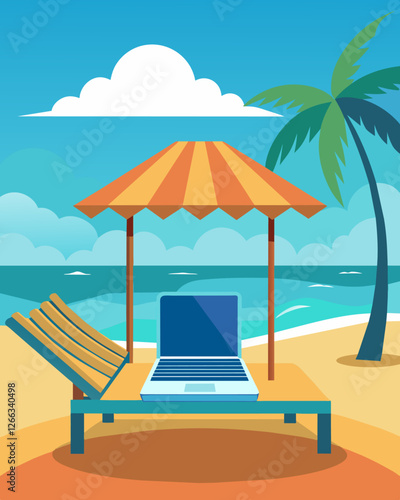 With the ocean just steps away a laptop sits on a sun lounge in a beach cabana providing a unique and refreshing workspace.. Vector illustration